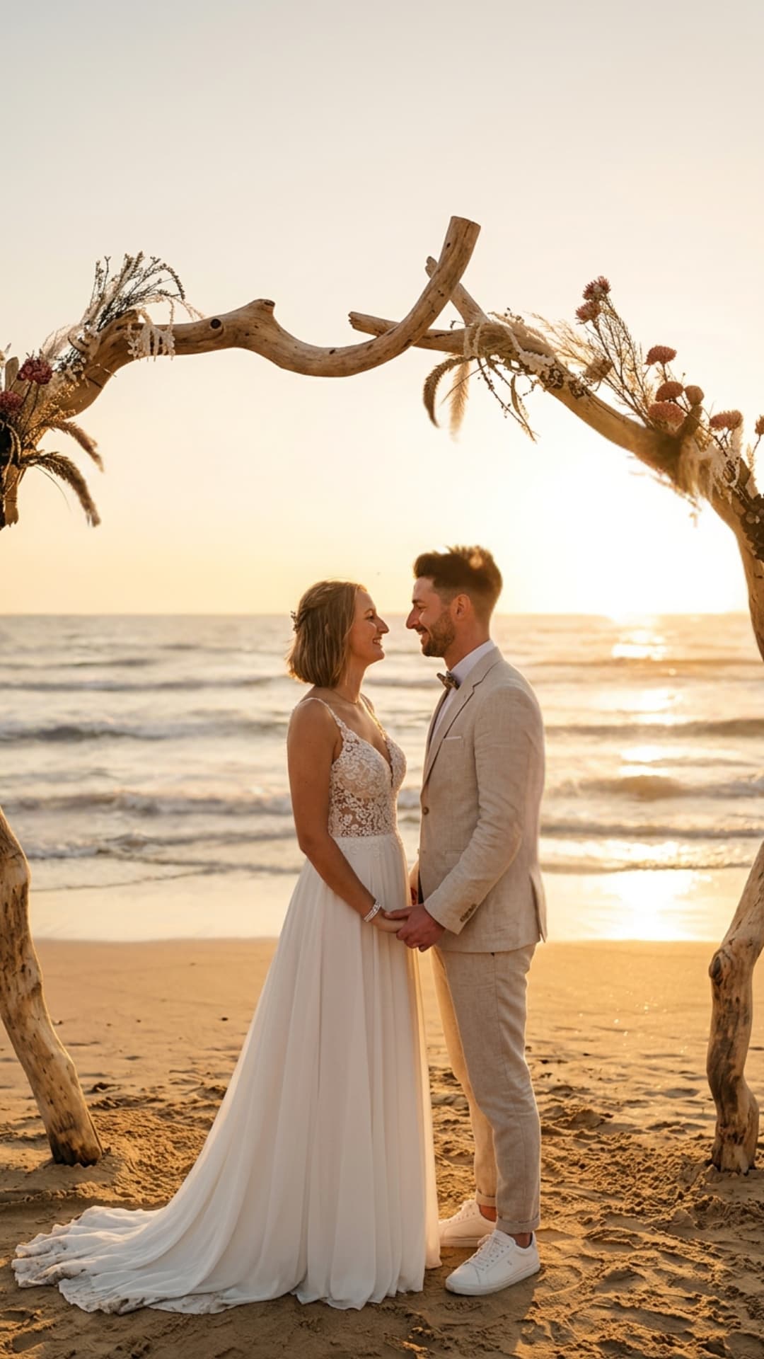 Braut und Bräutigam halten Händchen unter einem Treibholzbogen am Strand während des Sonnenuntergangs.